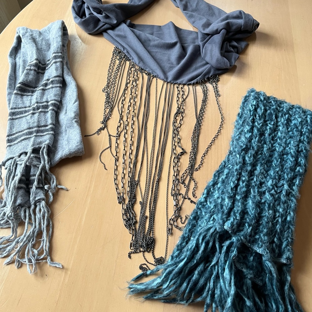 Set of 3 different scarves - gray & blue knit & fabric